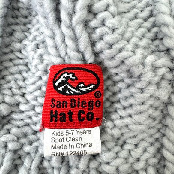 San Diego Hat Co Kid Cable Knit Beanie Pom Pom Neck Tie Size 5-7 yrs Winter Gray - Picture 8 of 10